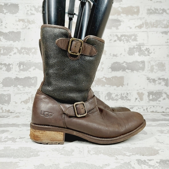 UGG Shearling Brown Leather Mid Calf Silver Buckles Detail Winter Boots I464 - Picture 5 of 13